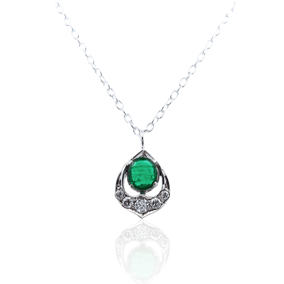 Estate Sterling Silver 0.50CTW Emerald & Diamond Vintage Pendant Necklace