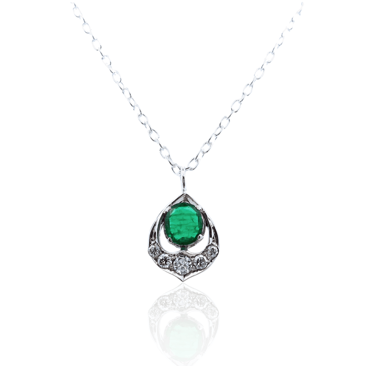 Estate Sterling Silver 0.50CTW Emerald & Diamond Vintage Pendant Necklace