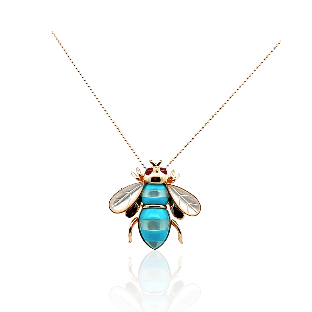 Estate 14K Yellow Gold Ruby, Mother of Pearl & Turquoise Bee Vintage Pendant/Brooch