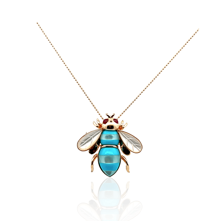 Estate 14K Yellow Gold Ruby, Mother of Pearl & Turquoise Bee Vintage Pendant/Brooch