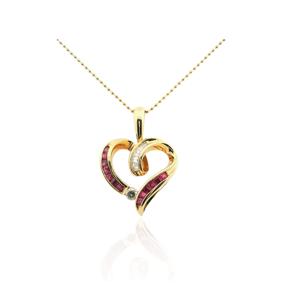 Estate 14K Yellow Gold 0.80CTW Square Ruby & Diamond Heart Pendant