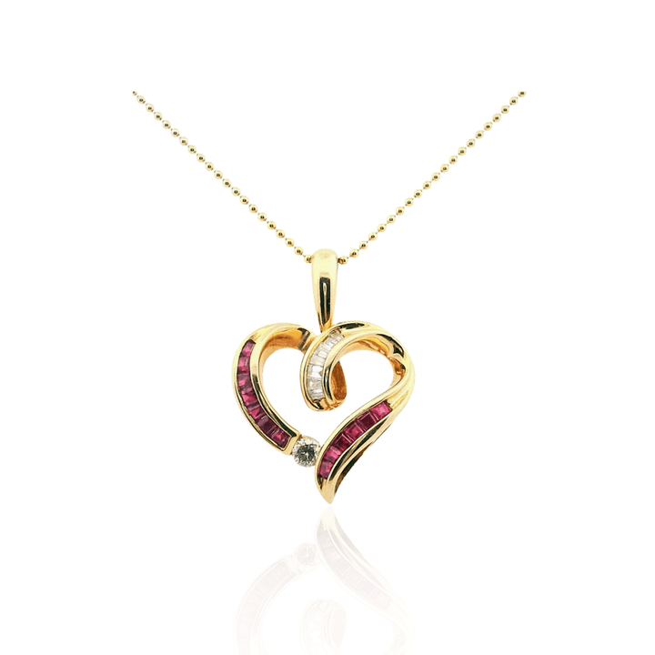 Estate 14K Yellow Gold 0.80CTW Square Ruby & Diamond Heart Pendant