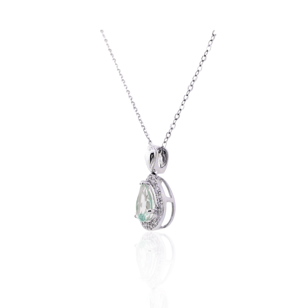 Estate 14K White Gold 1.14CTW Pear-Shaped Aquamarine & Diamond Halo Pendant Necklace