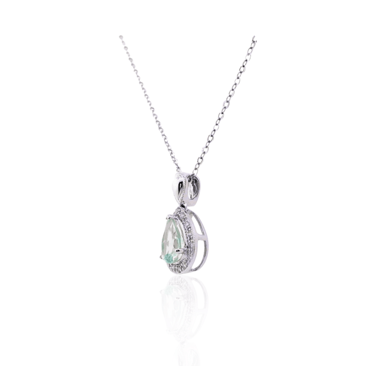Estate 14K White Gold 1.14CTW Pear-Shaped Aquamarine & Diamond Halo Pendant Necklace