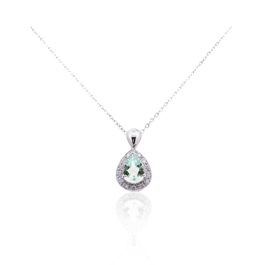 Estate 14K White Gold 1.14CTW Pear-Shaped Aquamarine & Diamond Halo Pendant Necklace