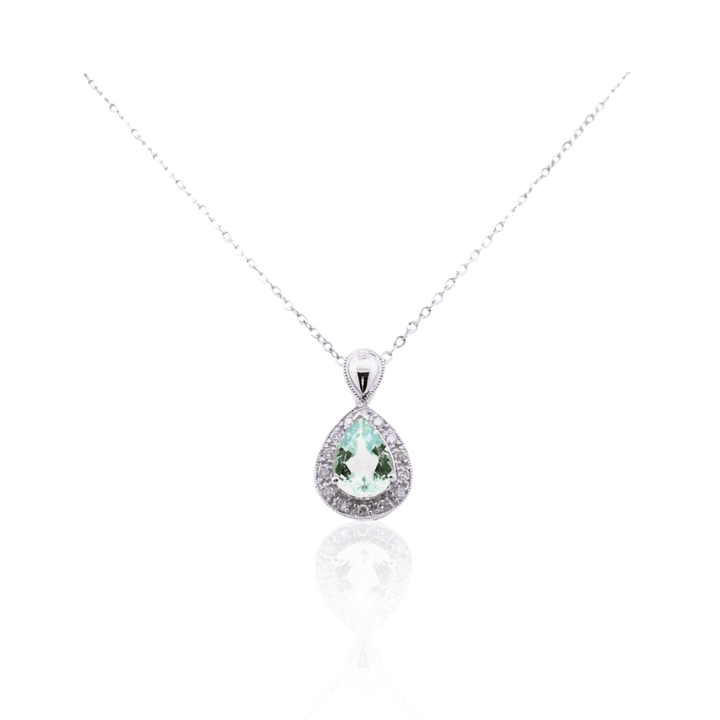 Estate 14K White Gold 1.14CTW Pear-Shaped Aquamarine & Diamond Halo Pendant Necklace
