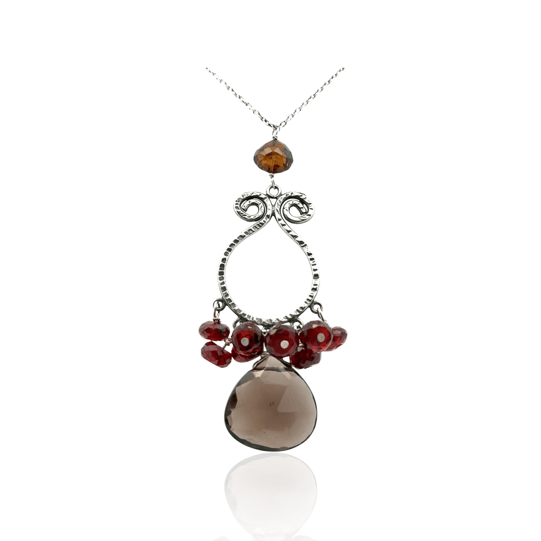 Estate Sterling Silver Smoky Quartz and Garnet Pendant Necklace