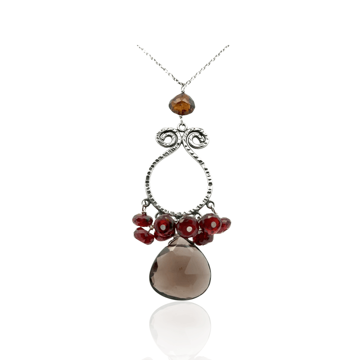 Estate Sterling Silver Smoky Quartz and Garnet Pendant Necklace