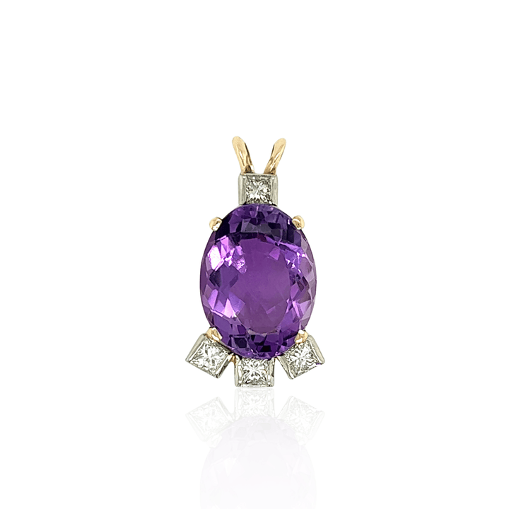 Estate 14K Two-Tone Gold Oval Amethyst & Diamond Pendant