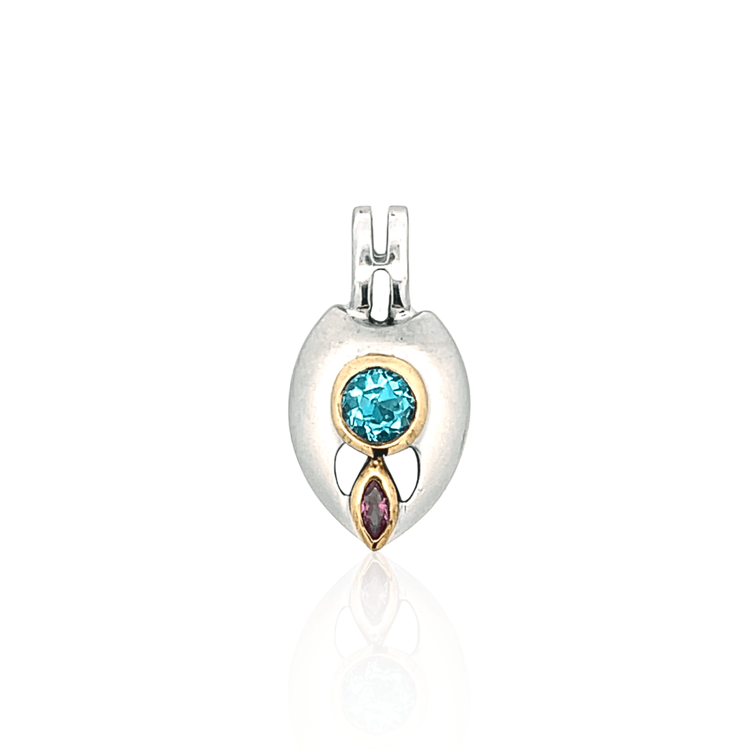 Estate Sterling Silver & 14K Gold 1.35CTW Blue Topaz & Rhodolite Garnet Pendant