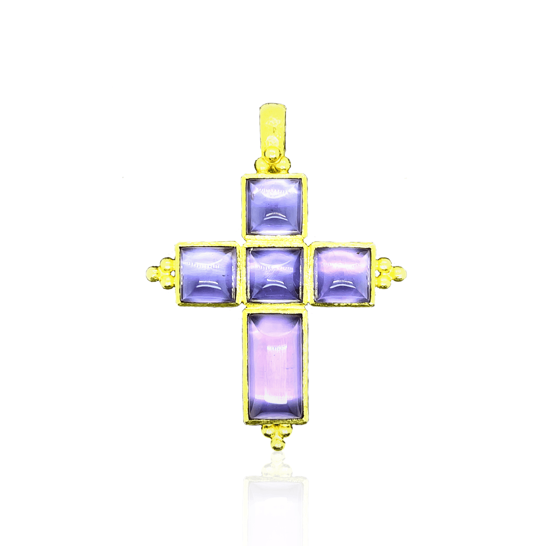 Estate 19K Yellow Gold Sugar Loaf Amethyst Cross Pendant by Elizabeth Locke