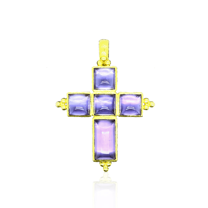 Estate 19K Yellow Gold Sugar Loaf Amethyst Cross Pendant by Elizabeth Locke