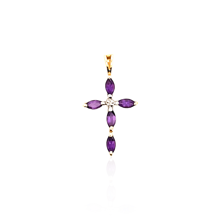 Estate 14K Yellow Gold Diamond & Amethyst Cross Pendant