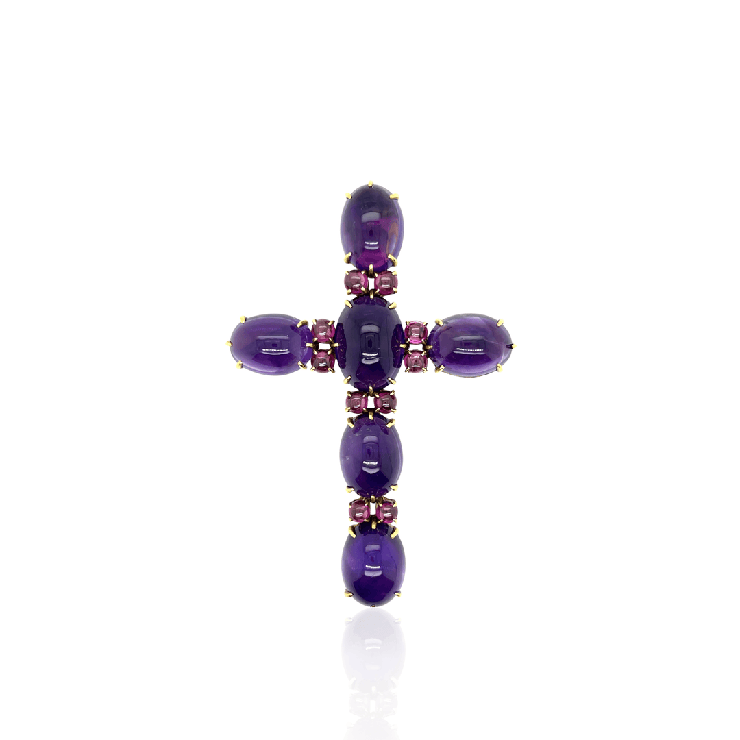 Estate 18K Yellow Gold 61.9TCW Amethyst & Pink Tourmaline Victorian Cross Pendant