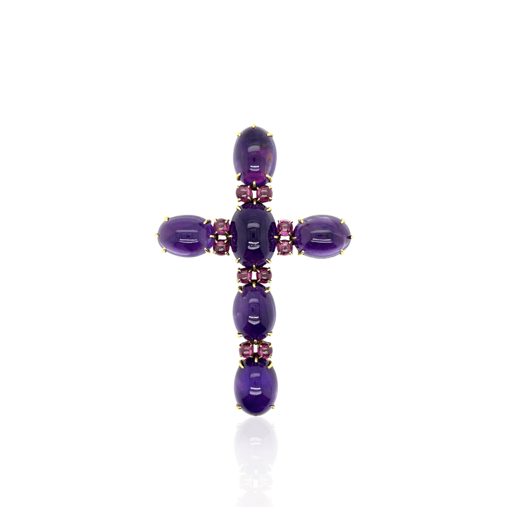 Estate 18K Yellow Gold 61.9TCW Amethyst & Pink Tourmaline Victorian Cross Pendant