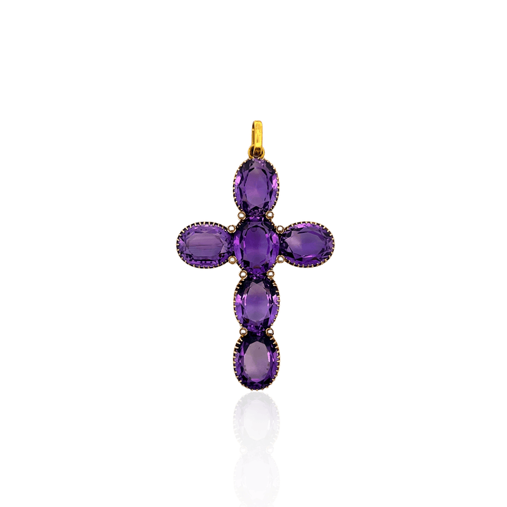 Estate 14K Yellow Gold 66.96TCW Amethyst & Seed Pearl Victorian Cross Pendant