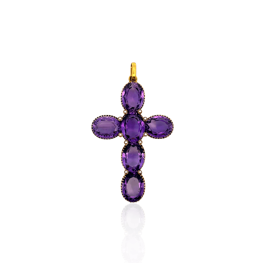 Estate 14K Yellow Gold 66.96TCW Amethyst & Seed Pearl Victorian Cross Pendant