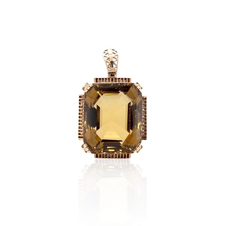 Estate 14K Rose Gold 123.24CT Emerald-Cut Citrine Scrollwork Retro Pendant