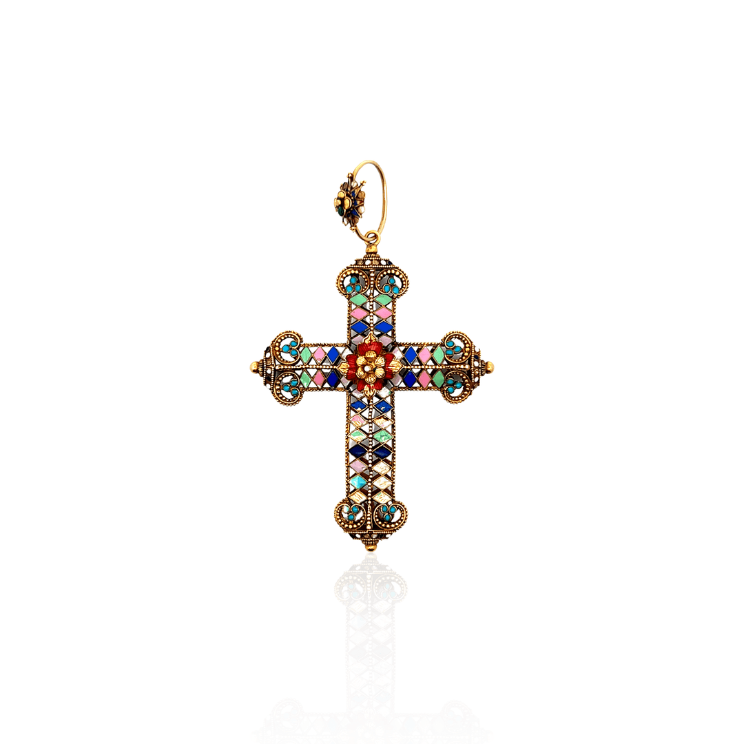 Estate Gold-Filled Multi-Color Enamel Indian Cross Pendant
