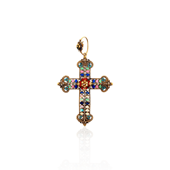 Estate Gold-Filled Multi-Color Enamel Indian Cross Pendant