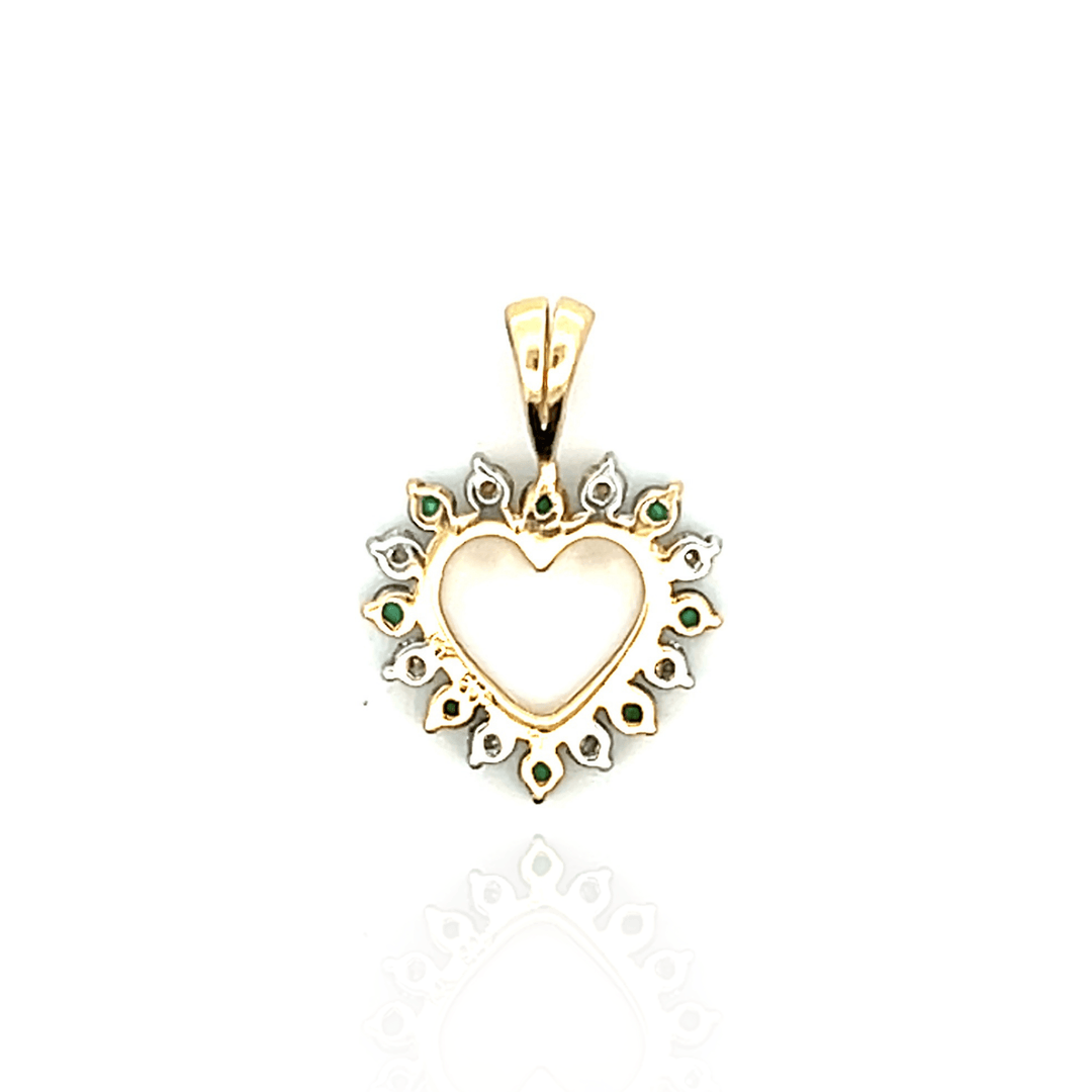 Estate 14K Yellow Gold Emerald & Diamond Open Heart Pendant