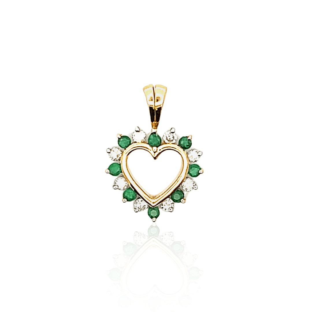 Estate 14K Yellow Gold Emerald & Diamond Open Heart Pendant