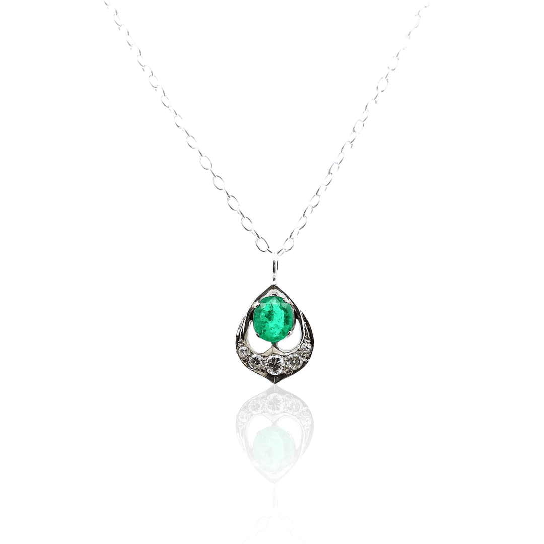 Estate Sterling Silver 0.38CTW Emerald & Diamond Vintage Pendant Necklace