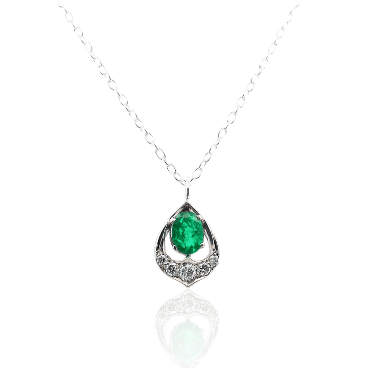 Estate Sterling Silver 0.43CTW Oval Emerald & Diamond Pendant Necklace