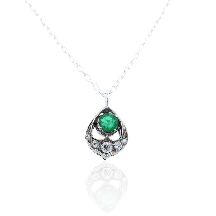 Estate Sterling Silver 0.31CTW Emerald & Diamond Vintage Pendant Necklace