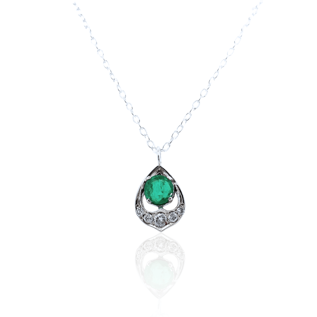 Estate Sterling Silver 0.60CTW Emerald & Diamond Vintage Pendant Necklace