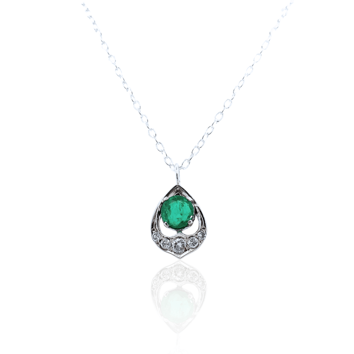 Estate Sterling Silver 0.60CTW Emerald & Diamond Vintage Pendant Necklace