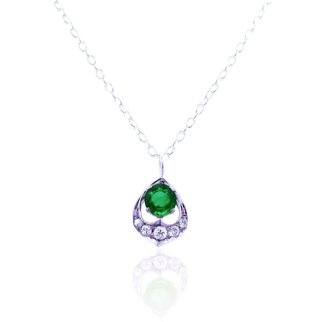 Estate Sterling Silver 0.51CTW Emerald & Diamond Vintage Pendant Necklace