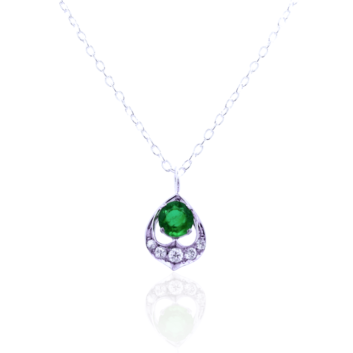 Estate Sterling Silver 0.51CTW Emerald & Diamond Vintage Pendant Necklace