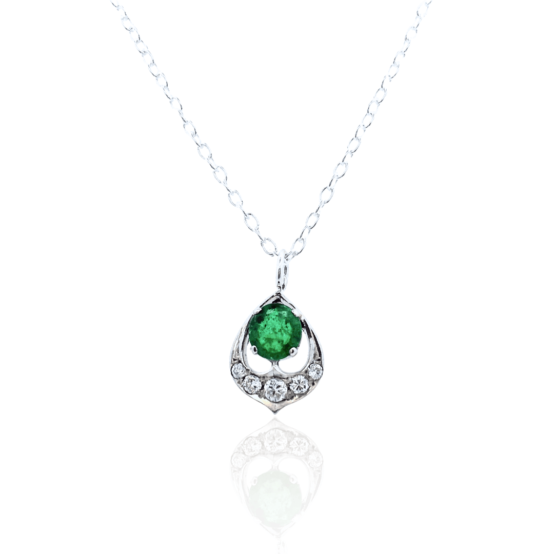 Estate Sterling Silver 0.32CTW Emerald & Diamond Vintage Pendant Necklace