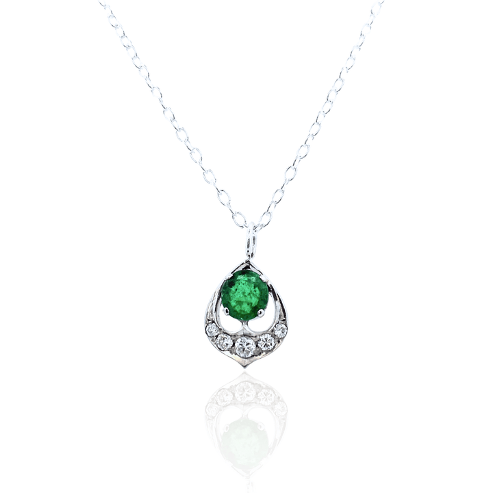 Estate Sterling Silver 0.32CTW Emerald & Diamond Vintage Pendant Necklace
