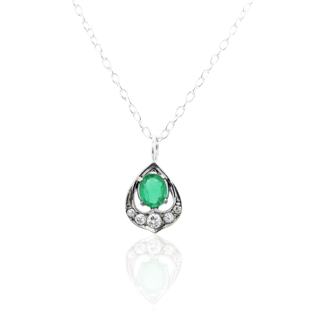 Estate Sterling Silver 0.48CTW Emerald & Diamond Vintage Pendant Necklace