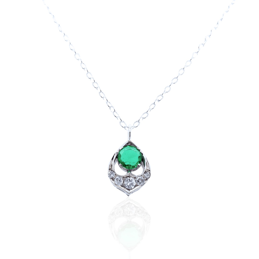 Estate Sterling Silver 0.50CTW Emerald & Diamond Vintage Pendant Necklace