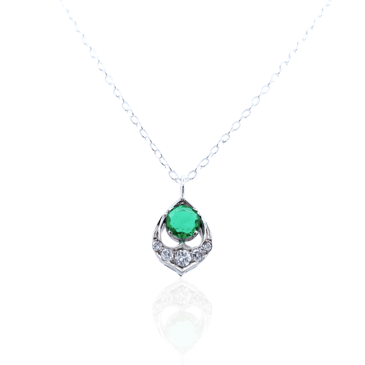 Estate Sterling Silver 0.50CTW Emerald & Diamond Vintage Pendant Necklace