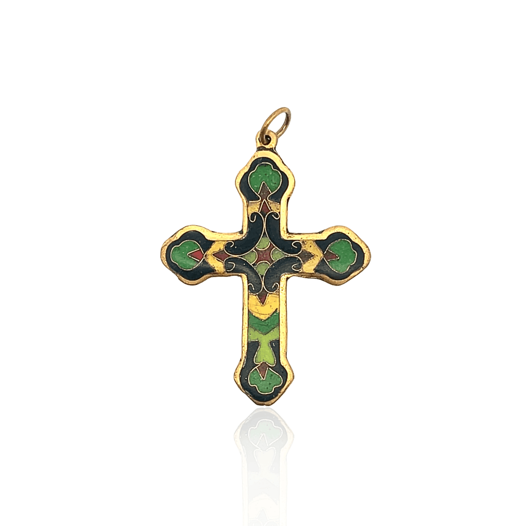 Estate Yellow Gold-Tone 1970s Chinese Enamel Cross Pendant