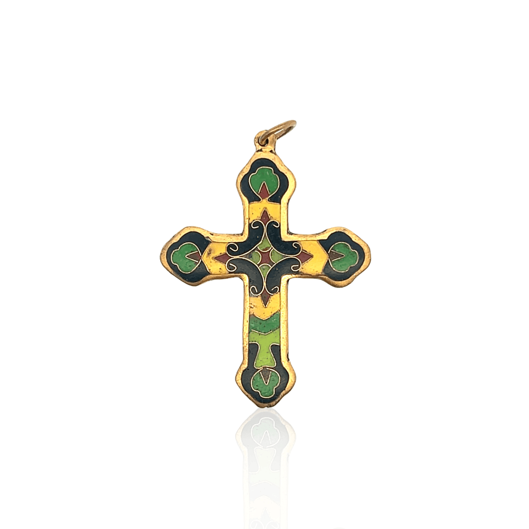 Estate Yellow Gold-Tone 1970s Chinese Enamel Cross Pendant