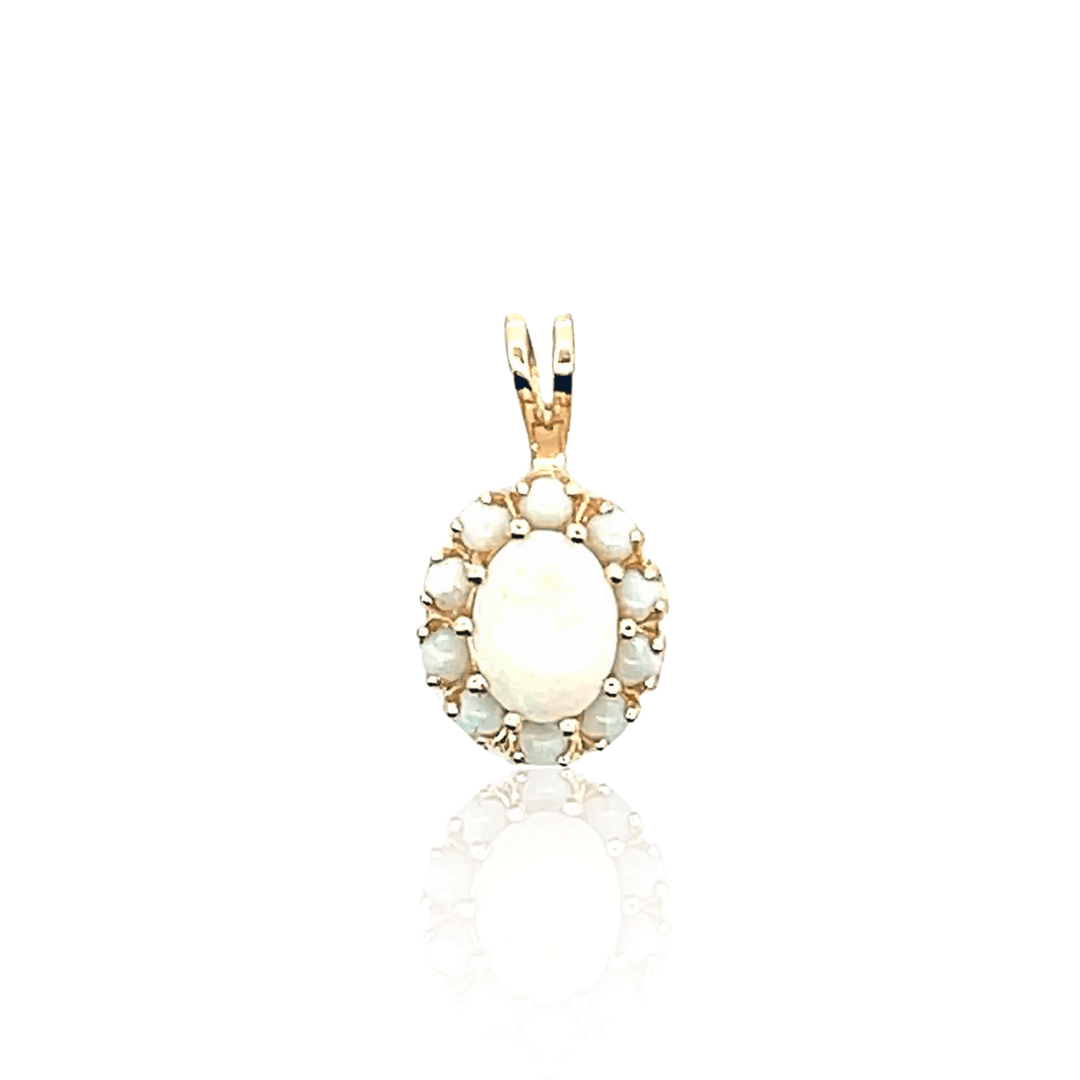 Estate 14K Yellow Gold Oval & Round Cabochon Opal Halo Pendant