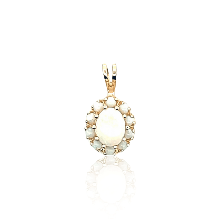Estate 14K Yellow Gold Oval & Round Cabochon Opal Halo Pendant