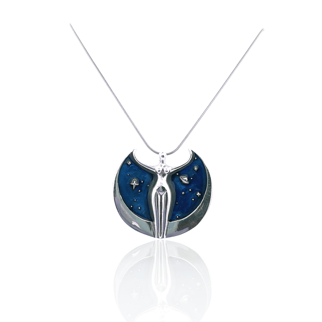 Estate Oberon Zell Sterling Silver Blue Enamel "Astra Star Goddess" Pendant Necklace