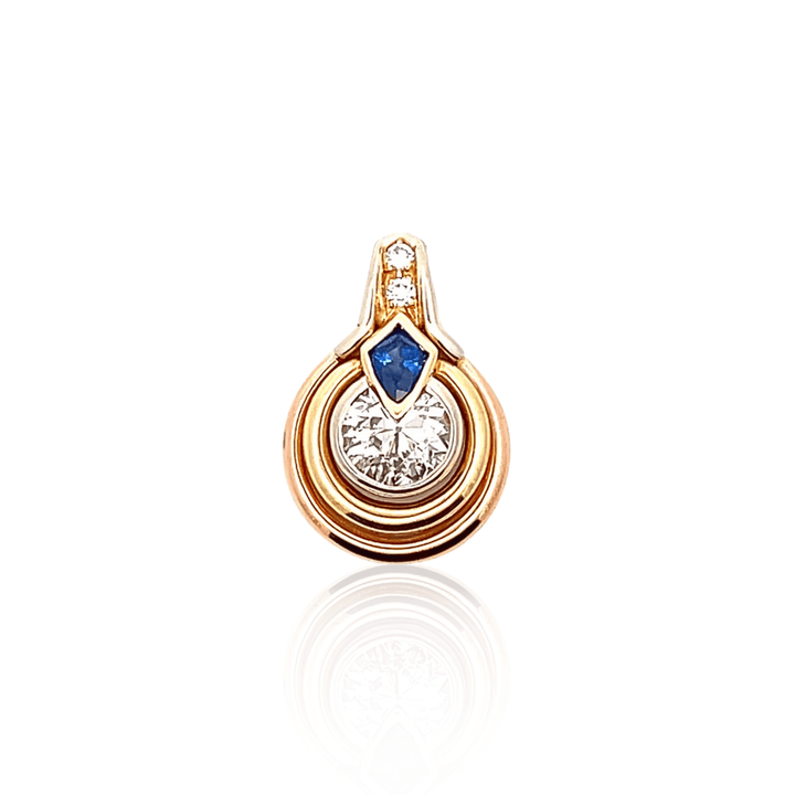 Estate 18K Three Tone Gold 3.43CTW Diamond & Blue Sapphire Vintage Pendant by Petochi