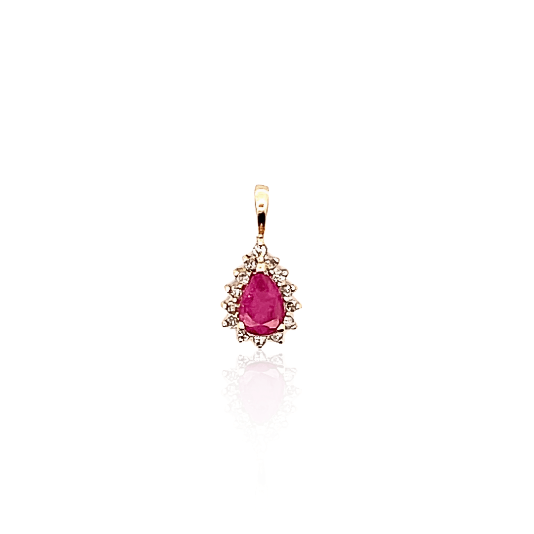 Estate 14K Yellow Gold Pear Cut Ruby & Diamond Halo Pendant