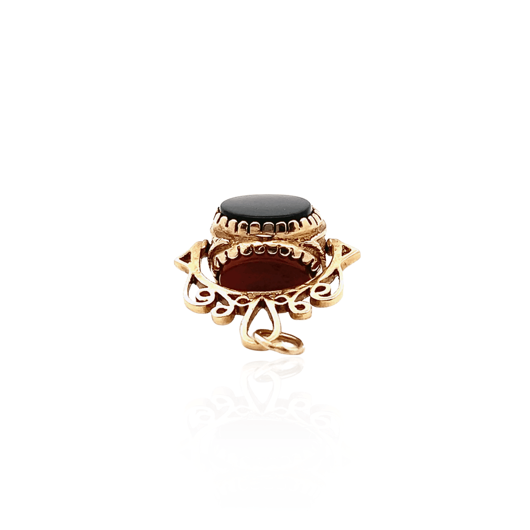 Estate 9K Yellow Gold Carnelian, Onyx & Tiger's Eye Rotating Watch Fob, ca. 1992
