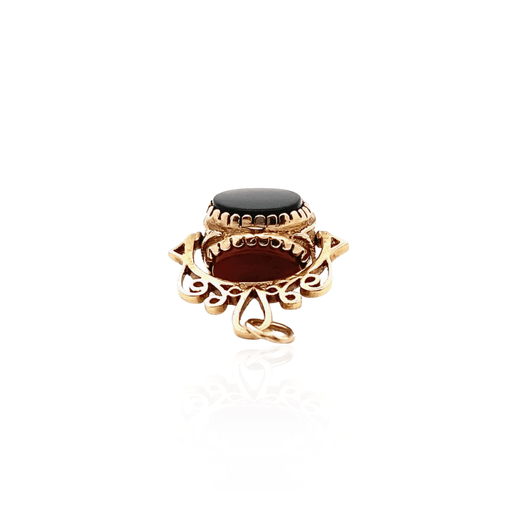 Estate 9K Yellow Gold Carnelian, Onyx & Tiger's Eye Rotating Watch Fob, ca. 1992