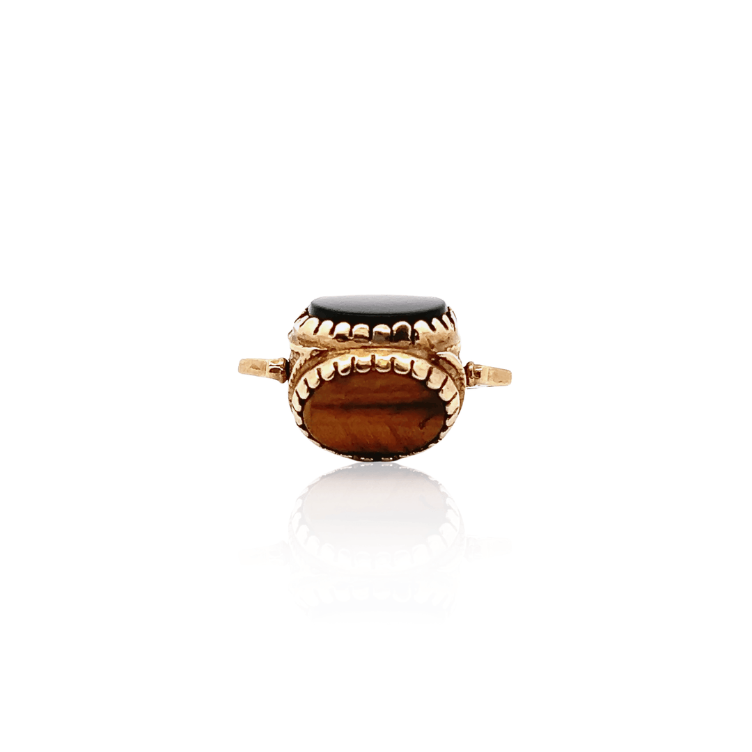 Estate 9K Yellow Gold Carnelian, Onyx & Tiger's Eye Rotating Watch Fob, ca. 1992