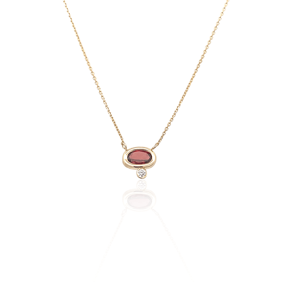 14K Yellow Gold Oval Garnet & Diamond Necklace