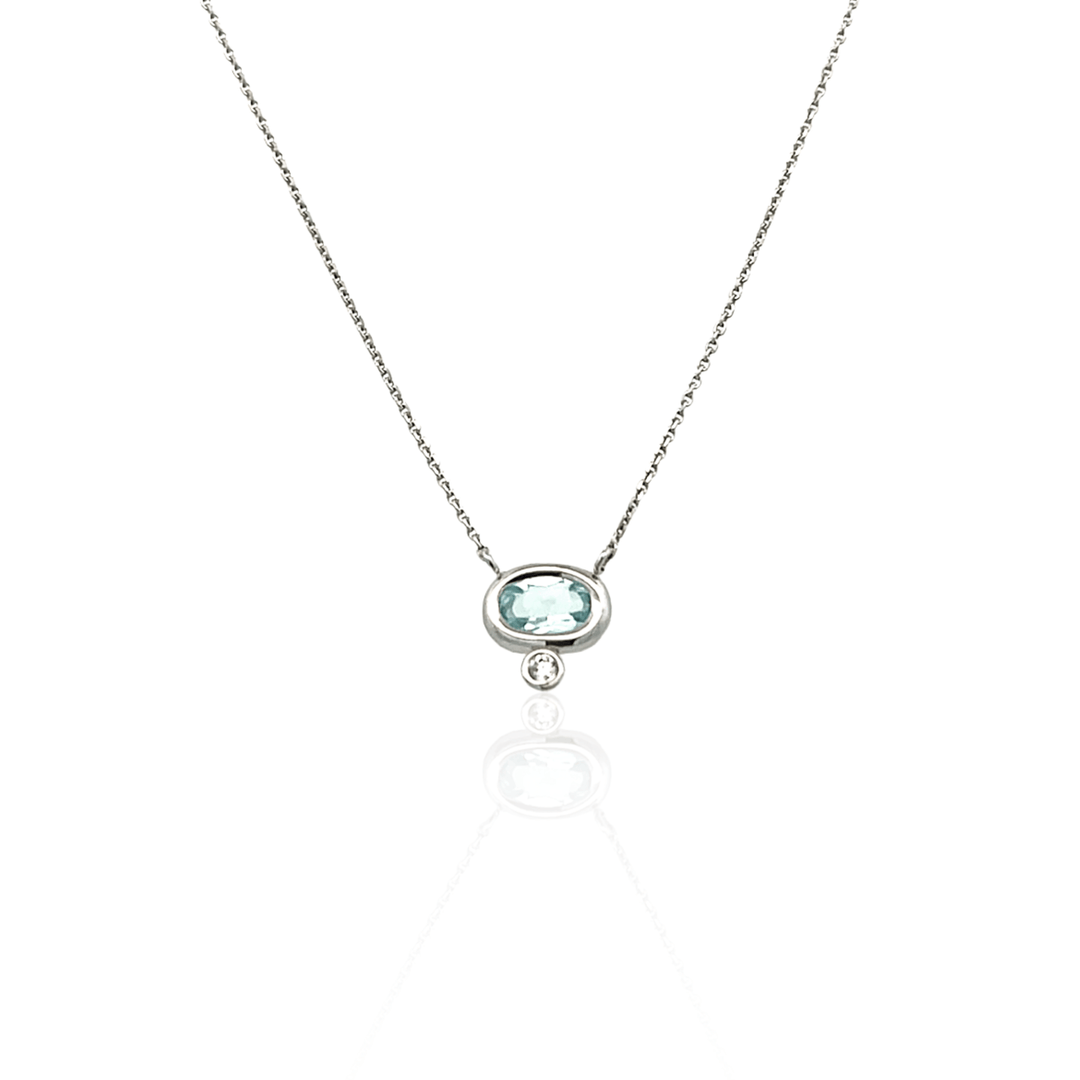 14K White Gold Oval Aquamarine & Diamond Necklace